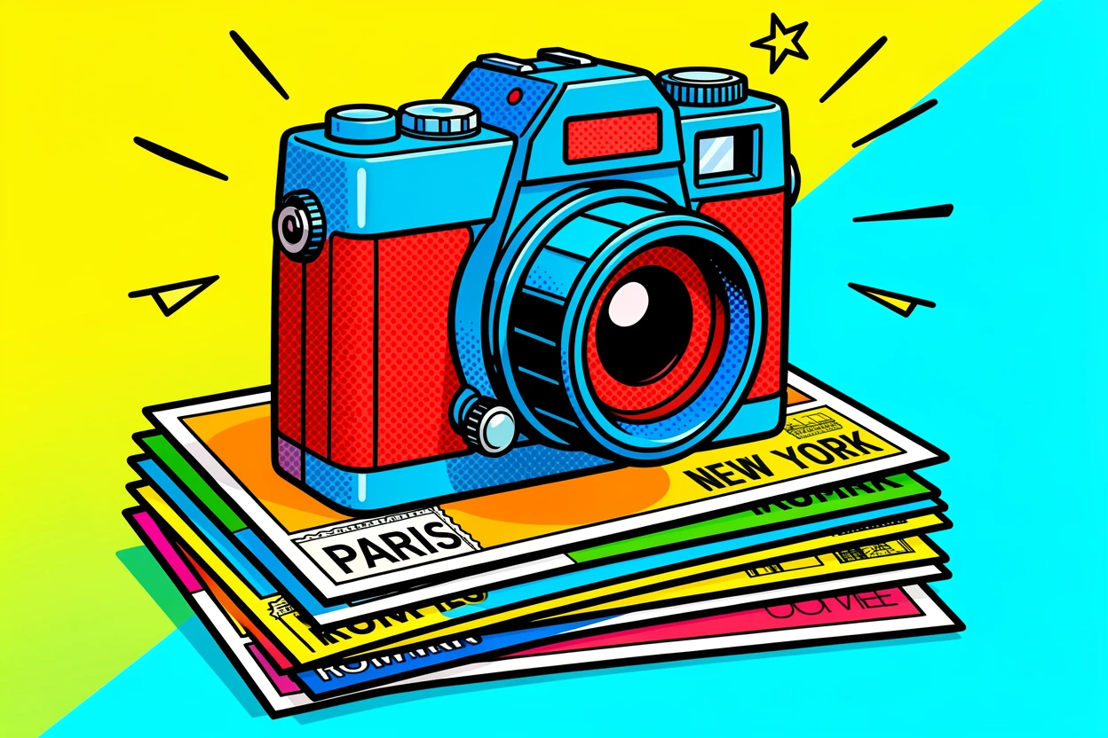 An old film camera resting on a stack of travel postcards
