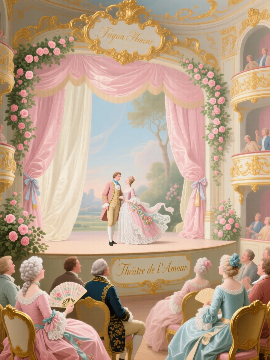 A palace theater curtain rising on a romantic scene before an eager audience  