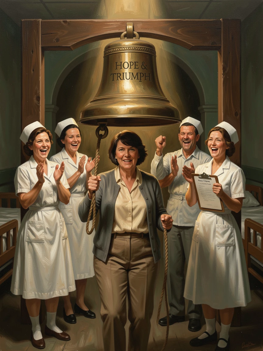 A cancer survivor ringing a bell in celebration, surrounded by cheering nurses, as golden, hopeful light fills the entire scene, capturing a powerful moment of hope, resilience, and human triumph
