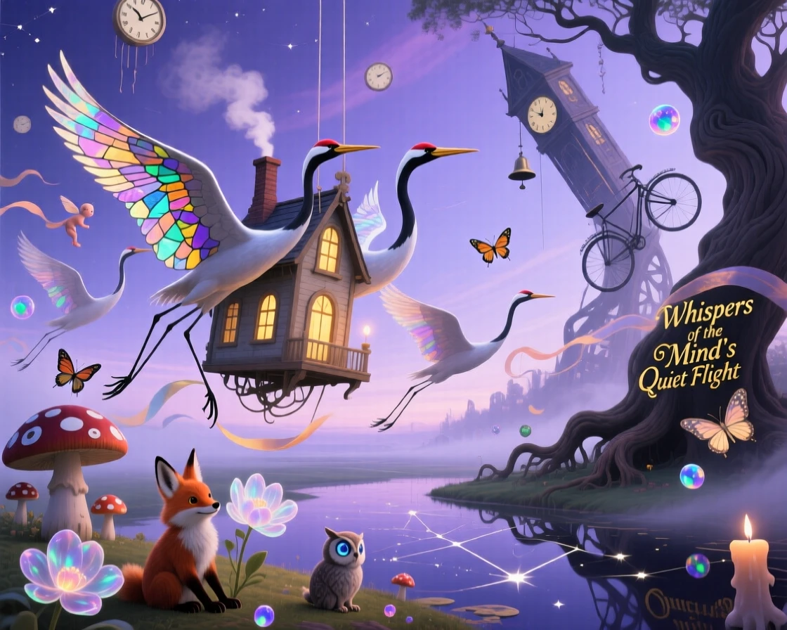 A flock of cranes carrying a small house gently between them moves gracefully through a hushed, dreamlike landscape, as small creatures pause to watch it pass by in silence.