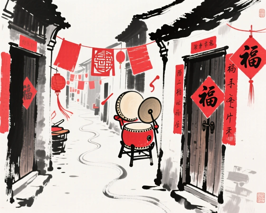 Red paper decorations hang from doorways throughout a bustling village street, with drums and cymbals sounding through the streets.