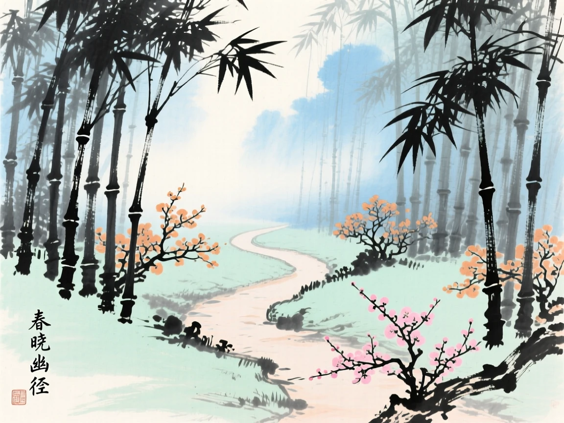 A quiet path through a bamboo grove with no one in sight, as morning mist begins to lift, as spring blossoms unfold.