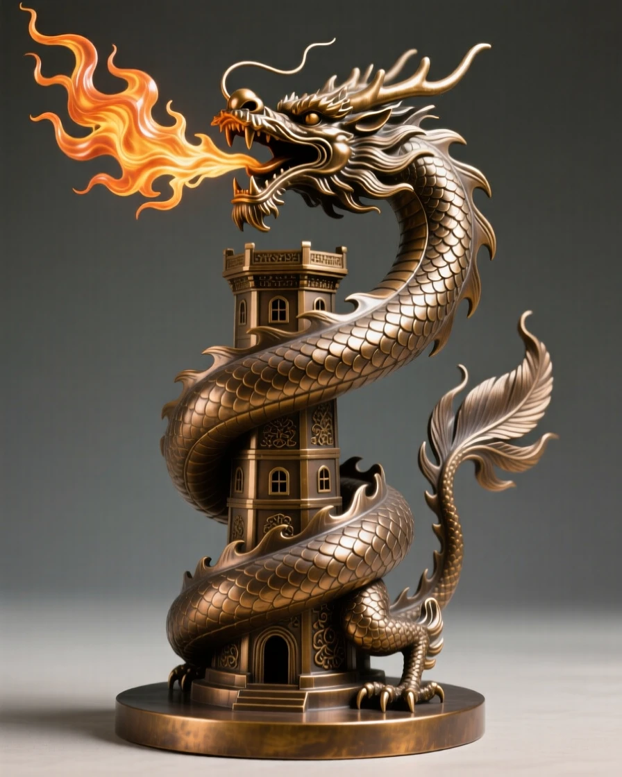 A fire-breathing dragon coiled around a tower, with intricate scale and feather detail, radiating awe and grandeur