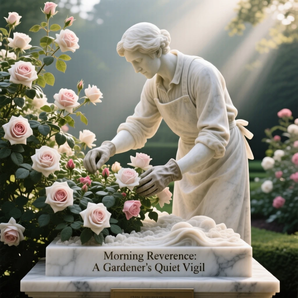 A vivid, emotionally rich scene of a gardener tending roses in early morning light, in a moment of quiet stillness, designed to captivate and inspire