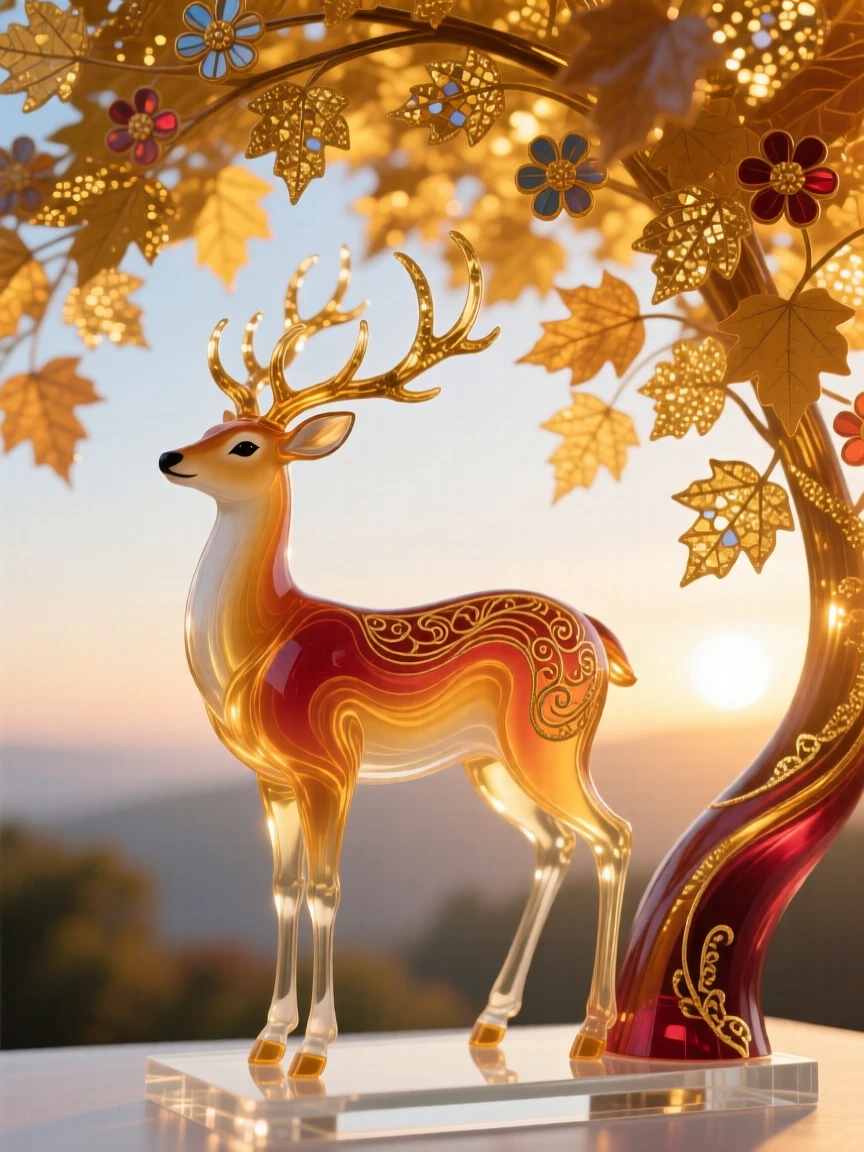 A lone deer standing beneath a canopy of golden autumn leaves at the very first light, serene and majestic.