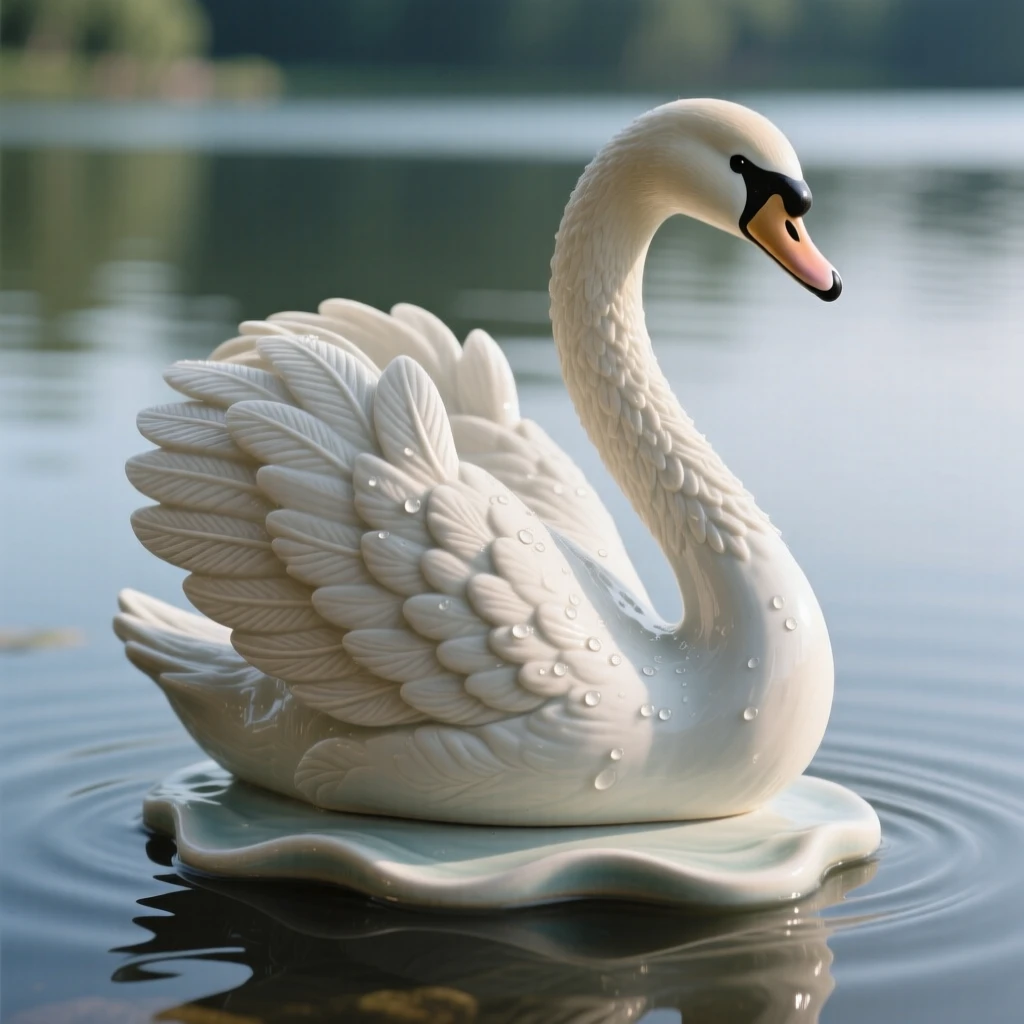 A swan gliding across a still lake standing proudly with plumage on full display, glistening with a light morning dew, capturing a serene moment suspended in time.