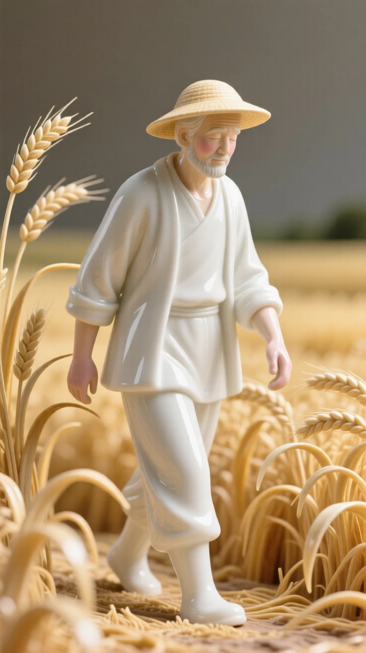 An everyday moment of quiet beauty: a farmer walking through golden wheat fields, radiating simple, honest beauty.