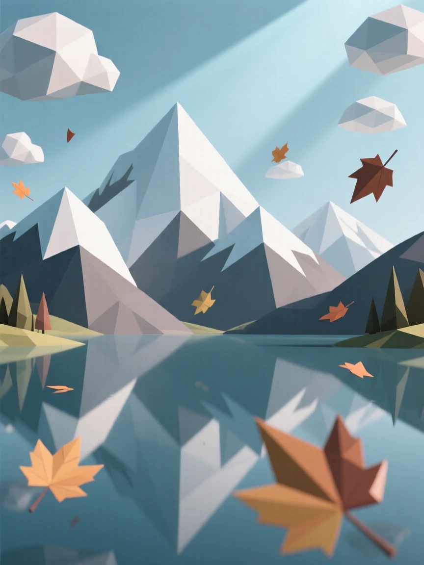 A serene lake reflecting snow-capped mountains, as autumn leaves drift through the air. soft light rays break through scattered clouds. The atmosphere is dramatic and powerful.