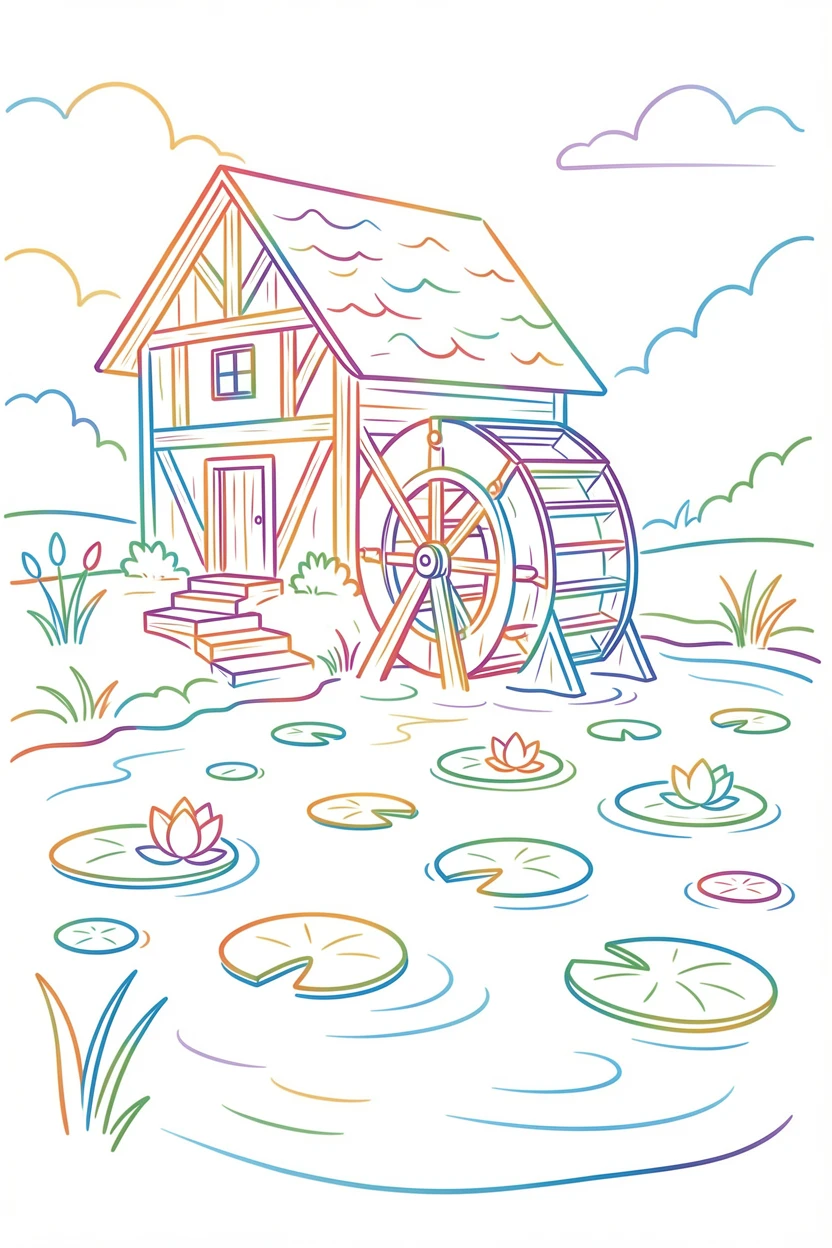 A rustic mill house beside a quiet pond covered in lily pads.