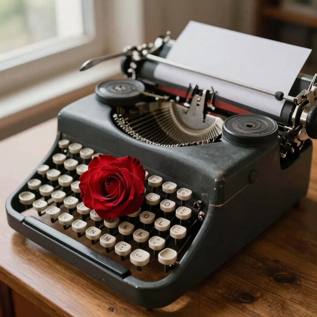 A vintage typewriter with a rose resting on the keys