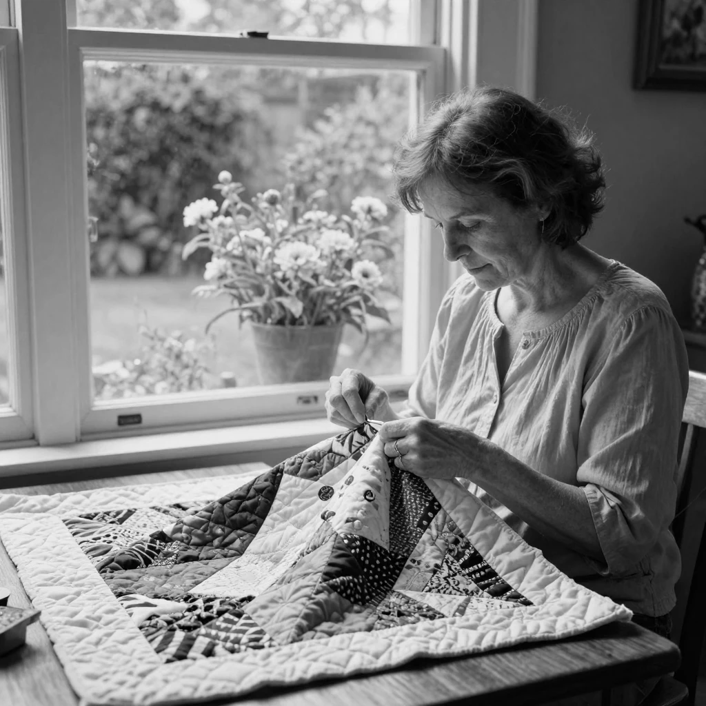 A quilter stitches together a colorful quilt by a window overlooking a garden.