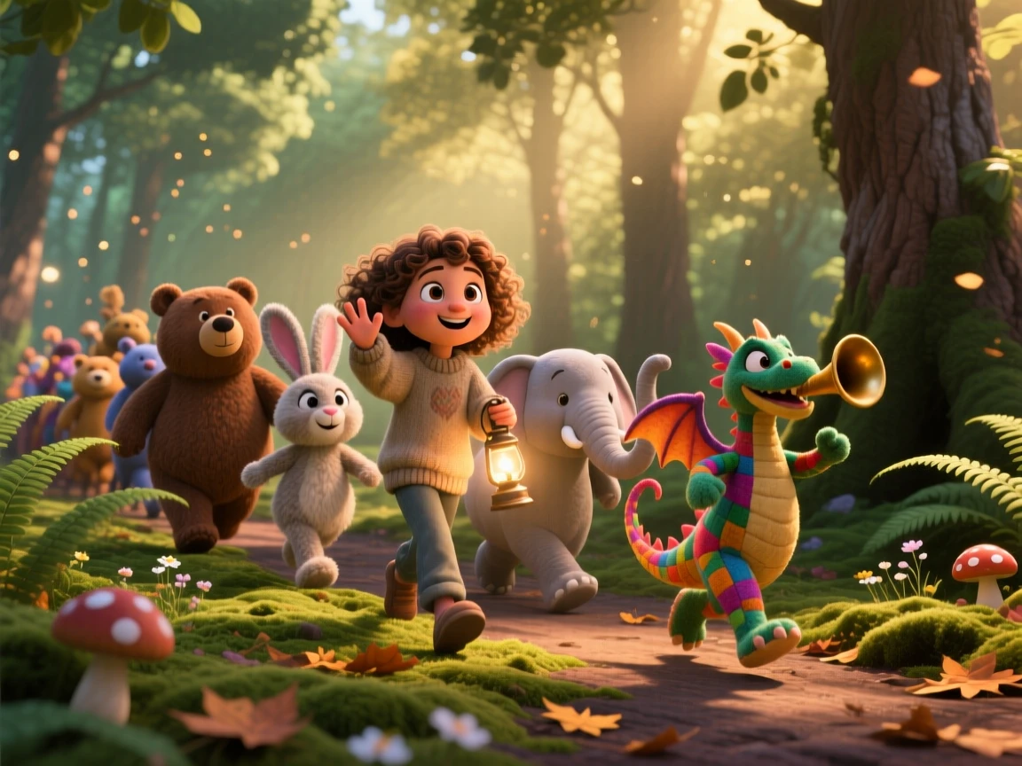 A girl leading her stuffed animals on a parade takes place along a quiet forest trail dappled with light, with a flashlight casting playful shadows. The scene bursts with childhood wonder and delight.