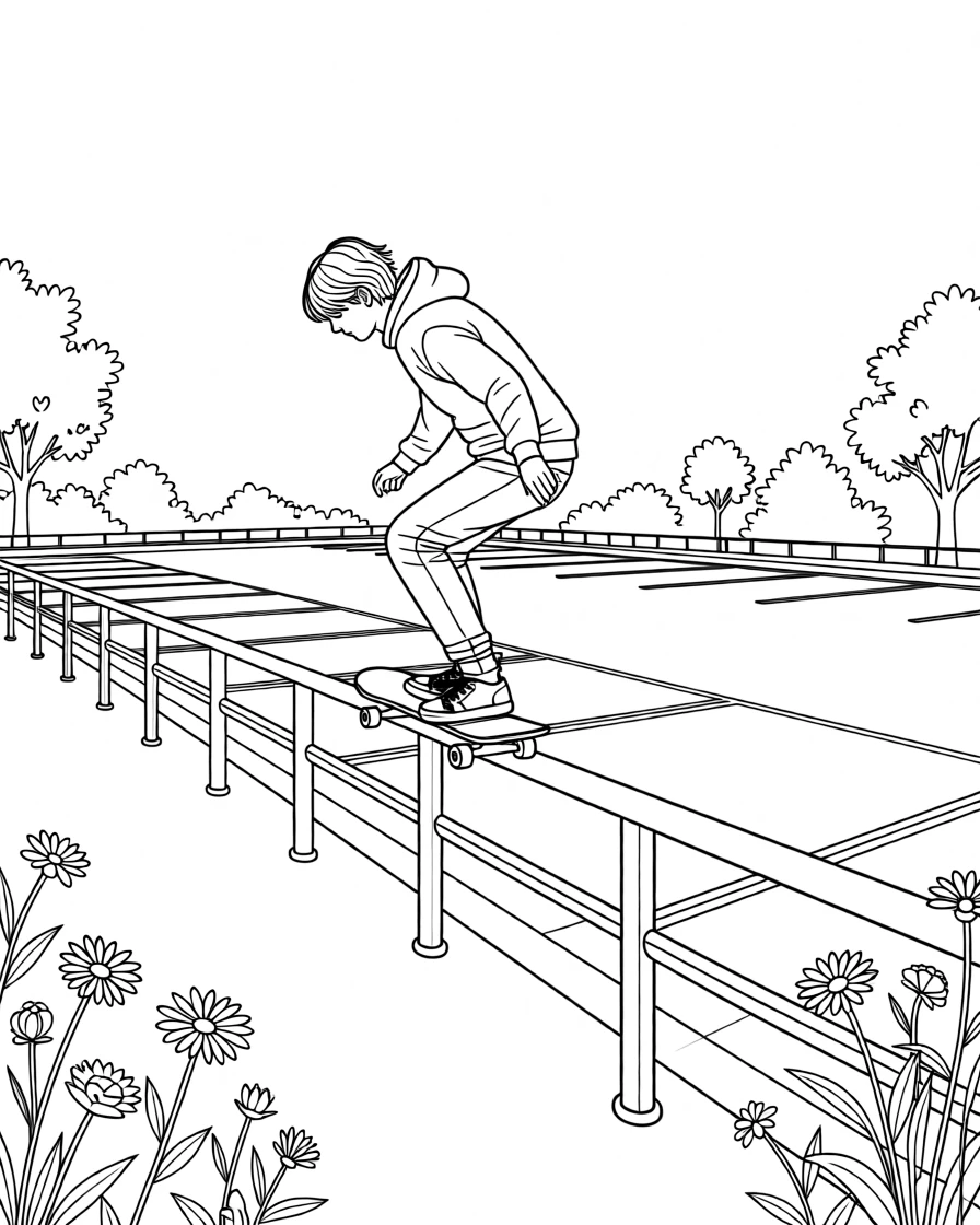 A skateboarder grinding down a handrail in an empty parking lot, with wildflowers scattered along the trail.