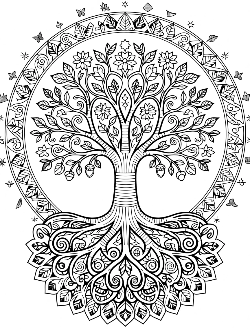 A tree of life with roots and branches forming an intricate symmetrical pattern.