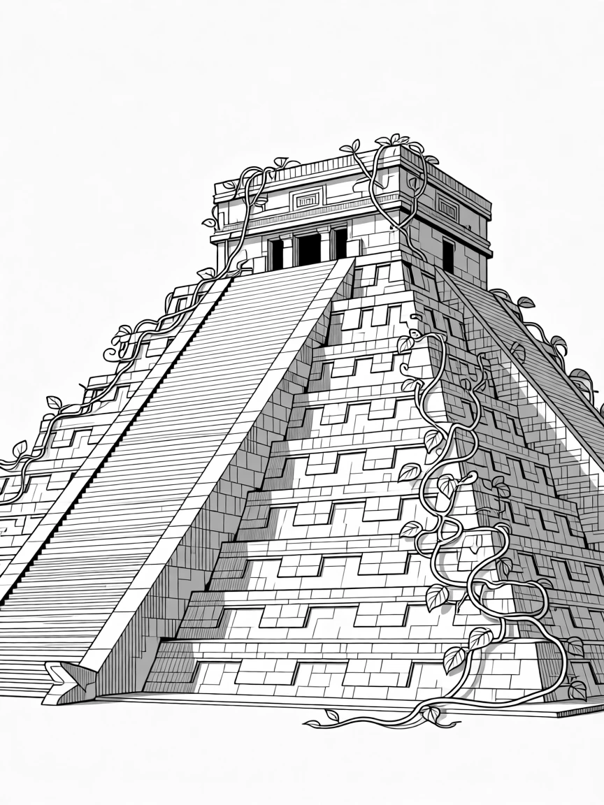 An ancient Mayan temple partially covered in vines