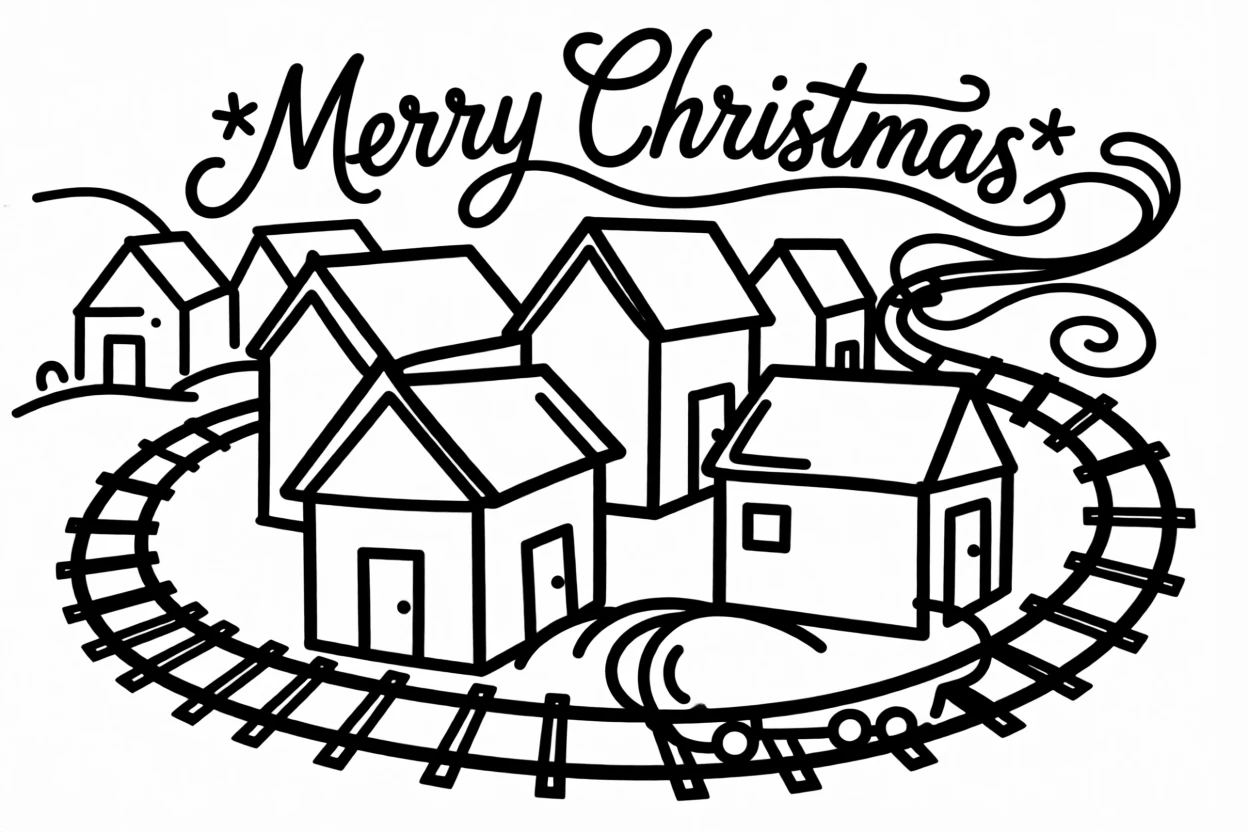 A Christmas village display with tiny lit houses and a miniature train.