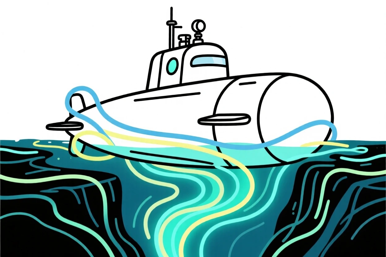 A submarine research vessel exploring a glowing deep-sea trench.