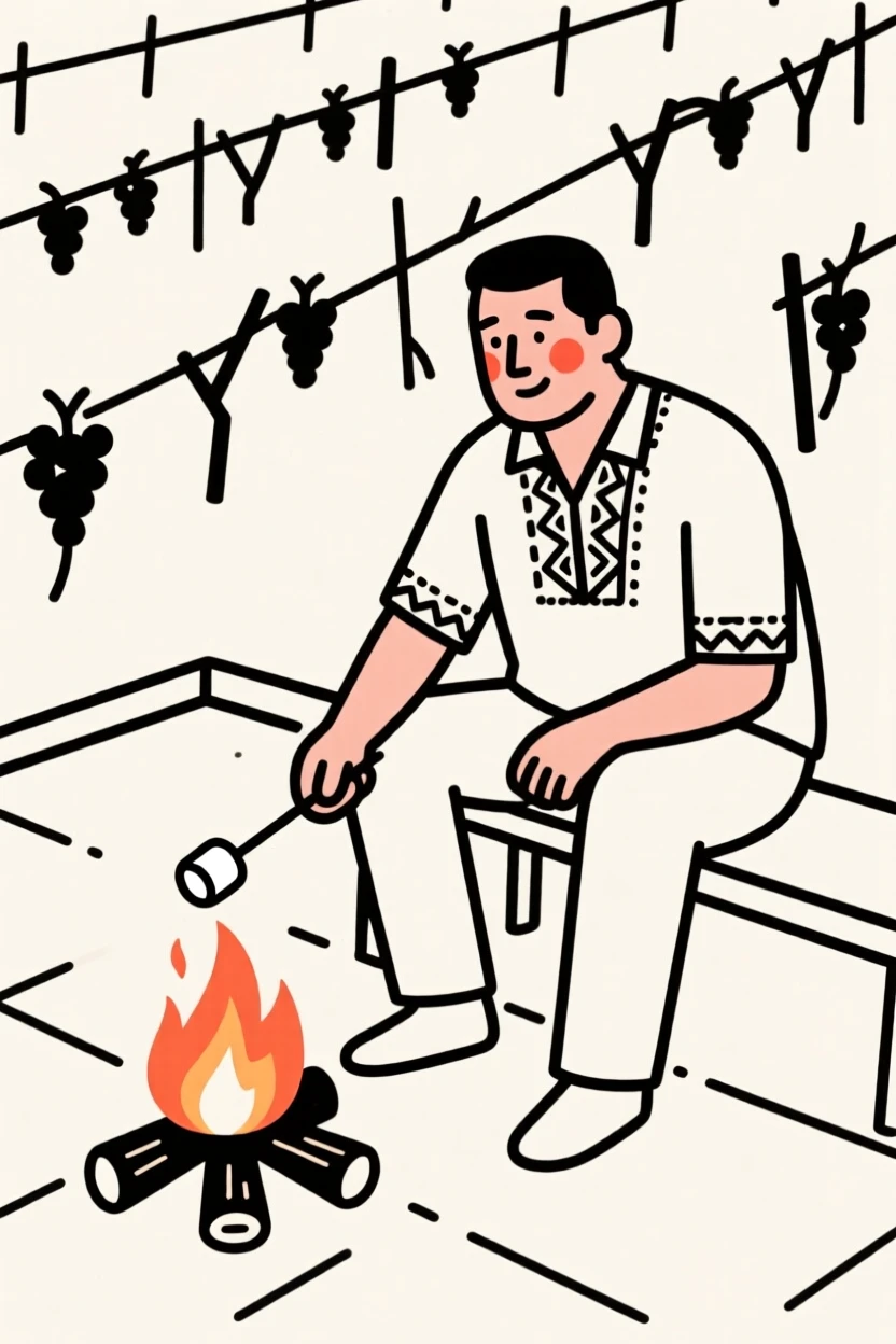 A father of Mexican heritage roasting marshmallows over a campfire, on a vineyard terrace.