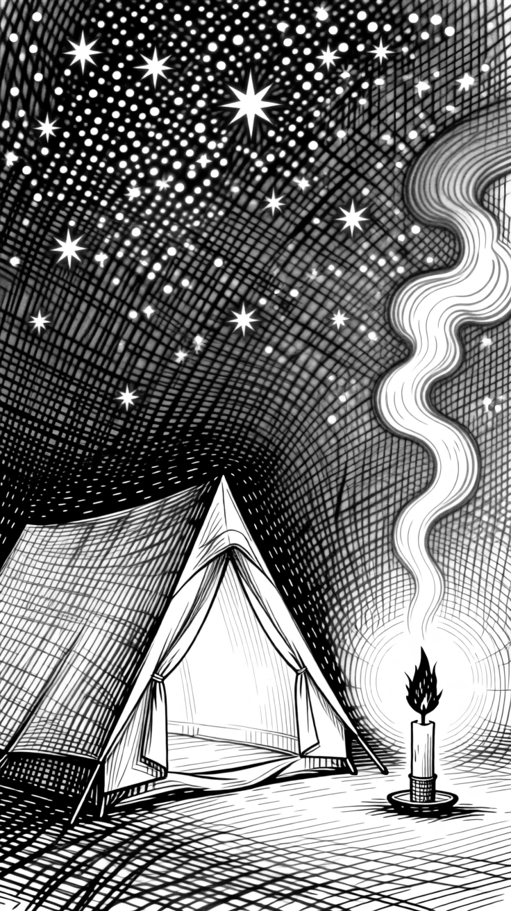 A tent glowing softly under a starlit sky as steam rises slowly into the still air, with a candle flickering steadily nearby, evoking a softly meditative sense of calm.