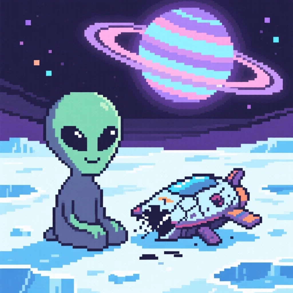 A friendly alien creature with big eyes resting beside a crashed but harmless spacecraft, on a frozen moon under a ringed planet's glow.
