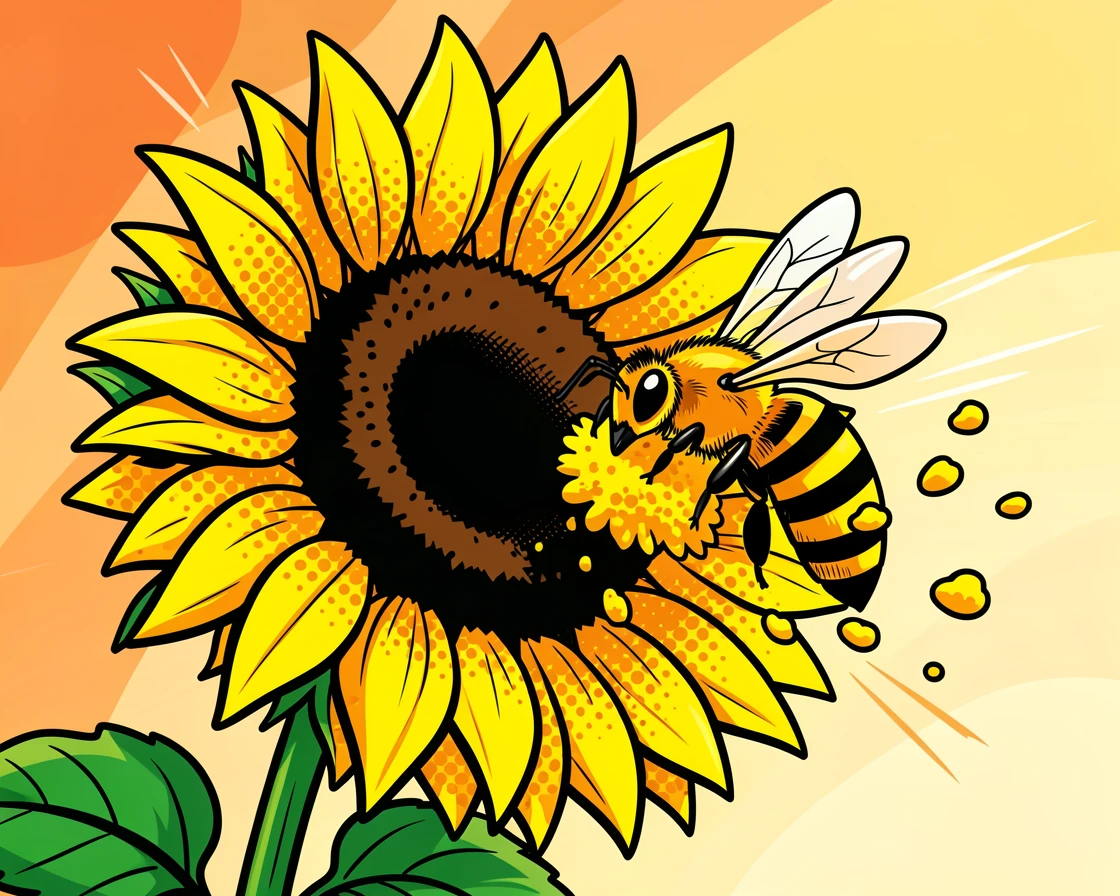 A bee collecting pollen from a sunflower basking in warm afternoon sunlight