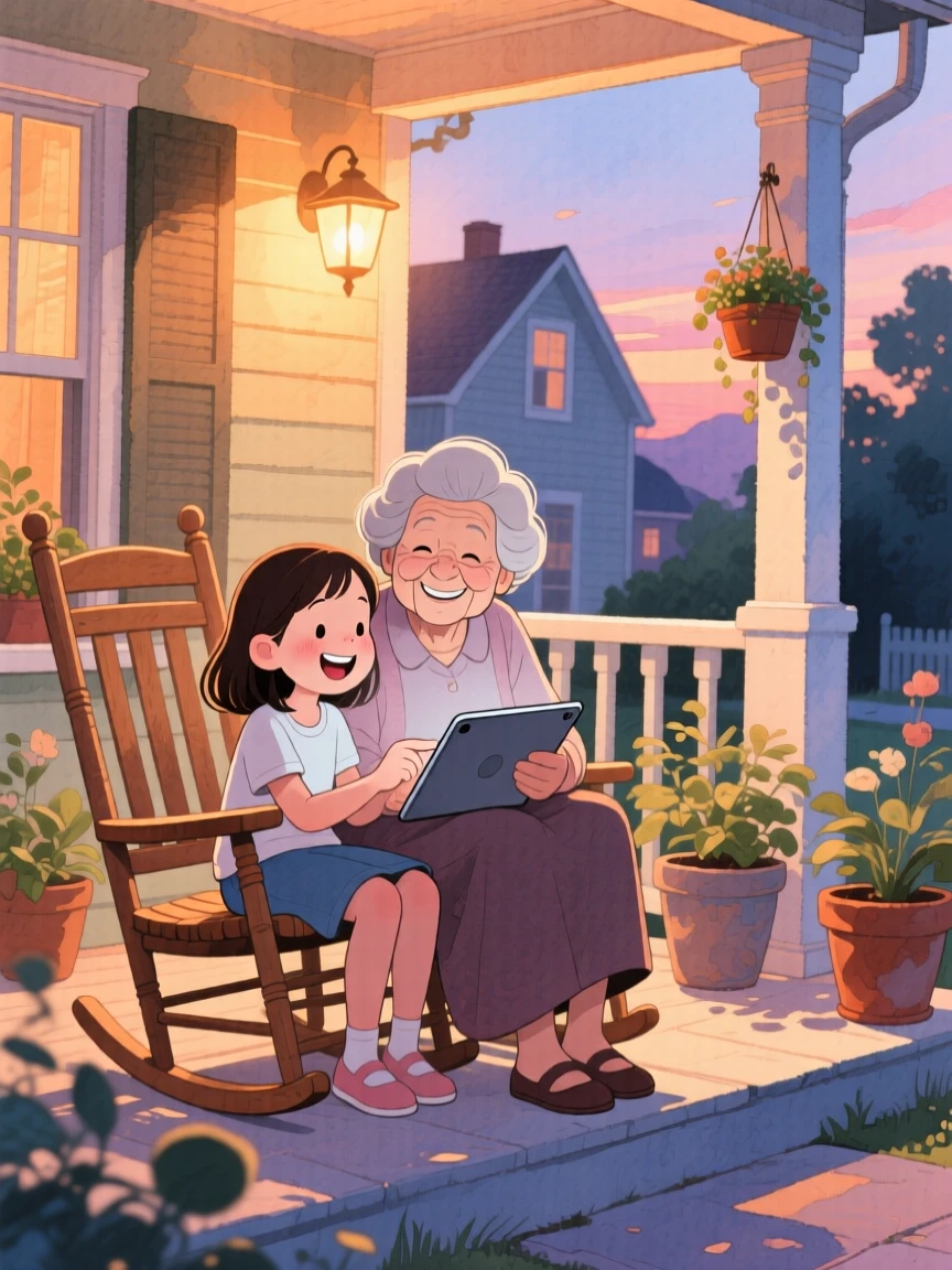 A young girl teaching her grandmother how to use a tablet, both laughing together, framed by warm porch light at dusk, radiating kindness, hope, and heartfelt emotion.