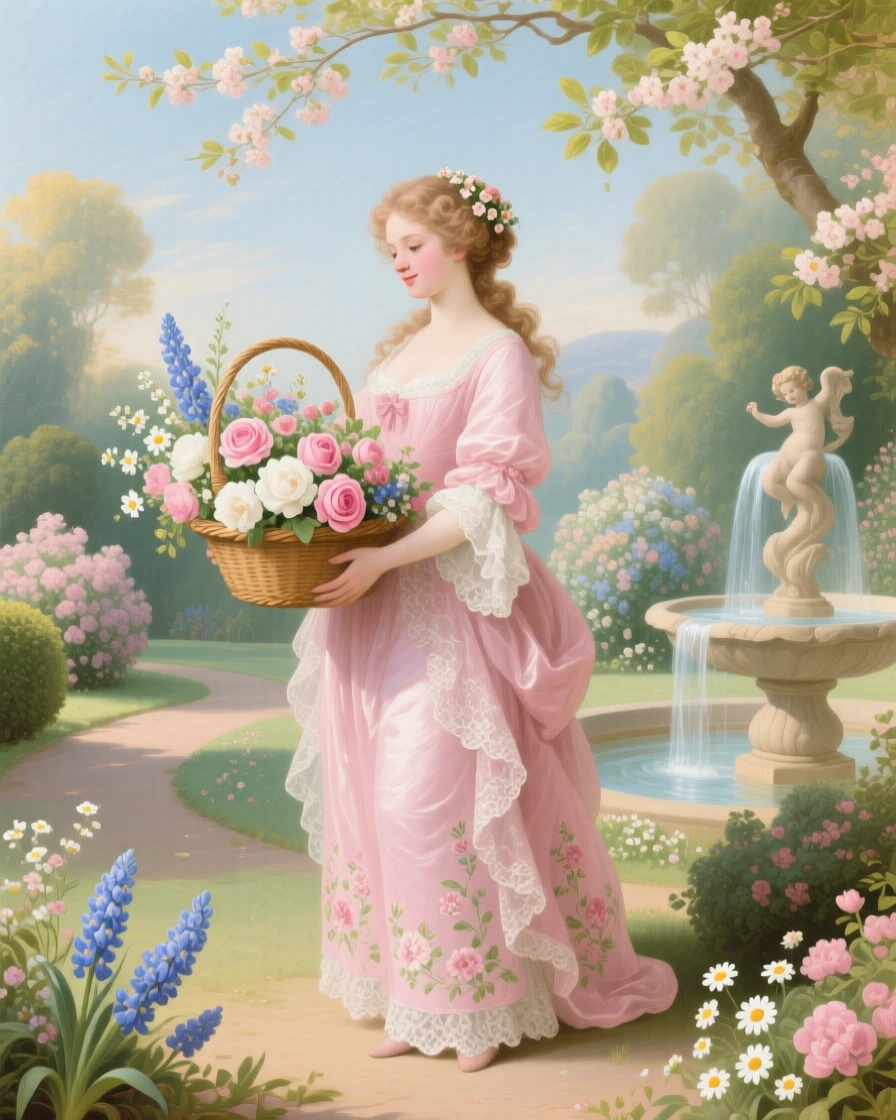 A woman holding a basket of flowers at the center of a spring garden  