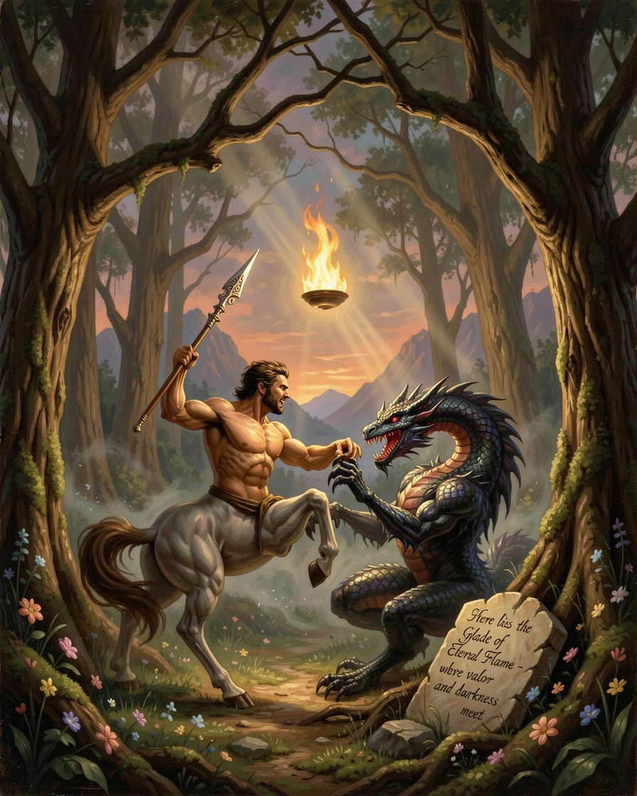 A centaur battles a monster within an enchanted forest glade beneath the light of an eternal flame.