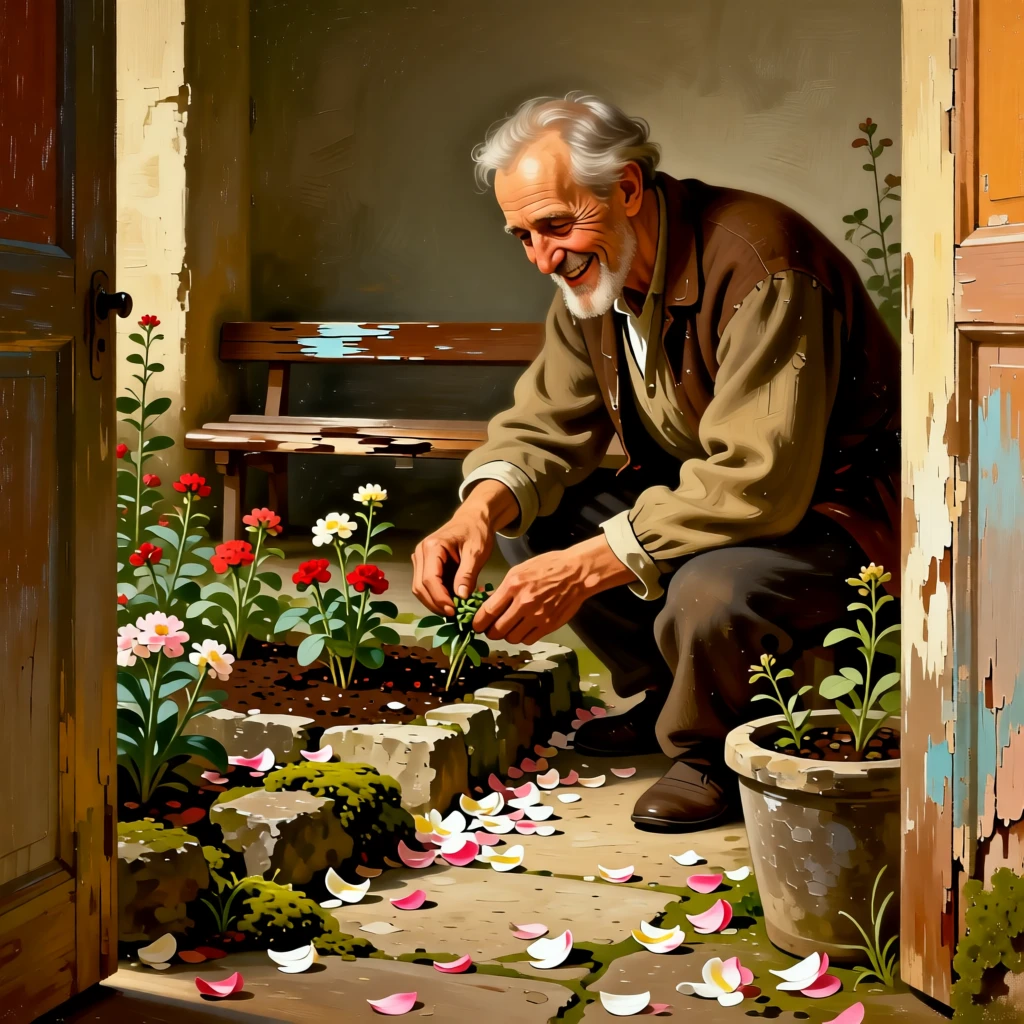 An elderly man tending a garden his late wife once planted as laughter and love fill an otherwise ordinary afternoon, set beside a garden path scattered with fallen blossoms, with worn, familiar surroundings that speak of years shared together; gentle framing by a doorway or window softens the intimate scene, suggesting the enduring bonds between generations.