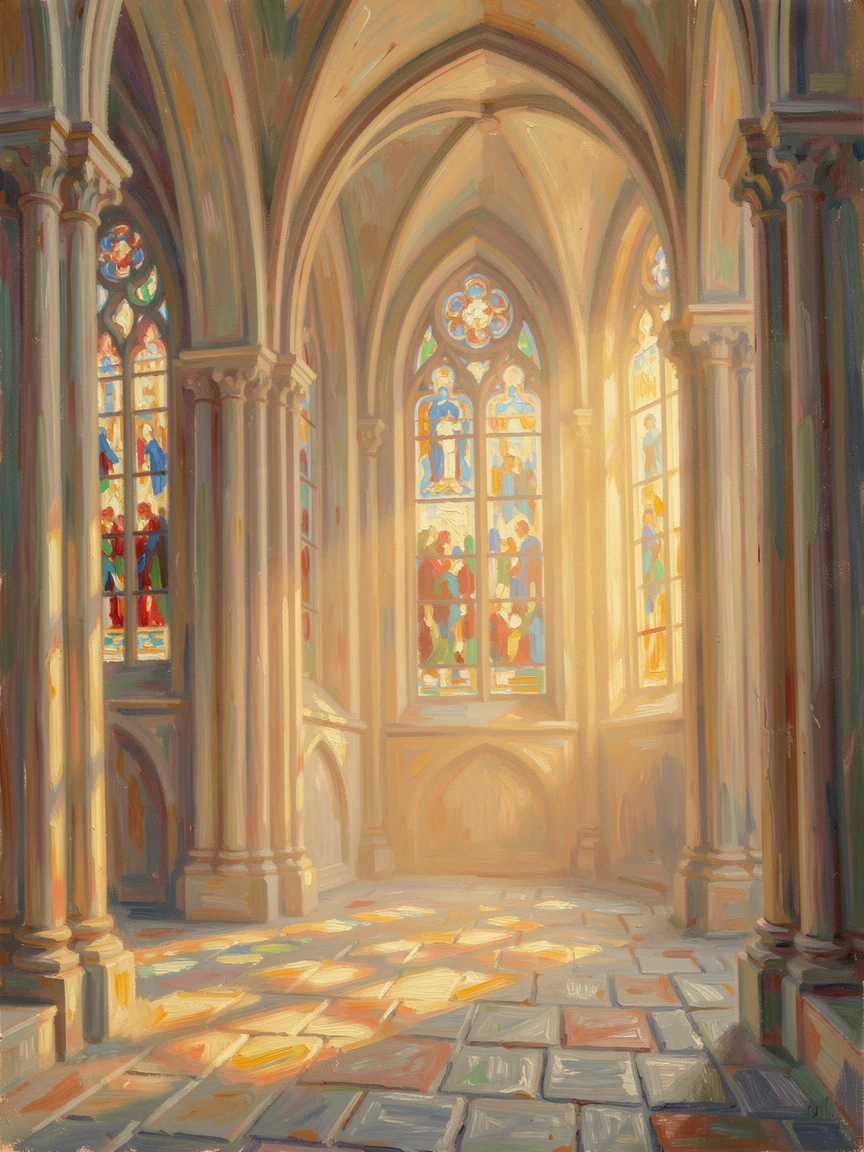 A grand cathedral interior with sunlight streaming through stained glass windows onto stone floors, at golden sunrise, conveying a feeling of romance and tranquility.