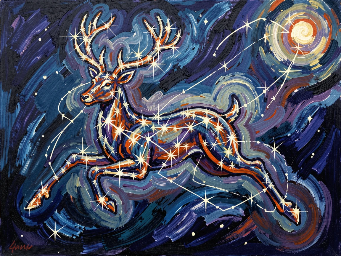 A constellation come to life, stars forming the shape of a leaping stag across the sky.