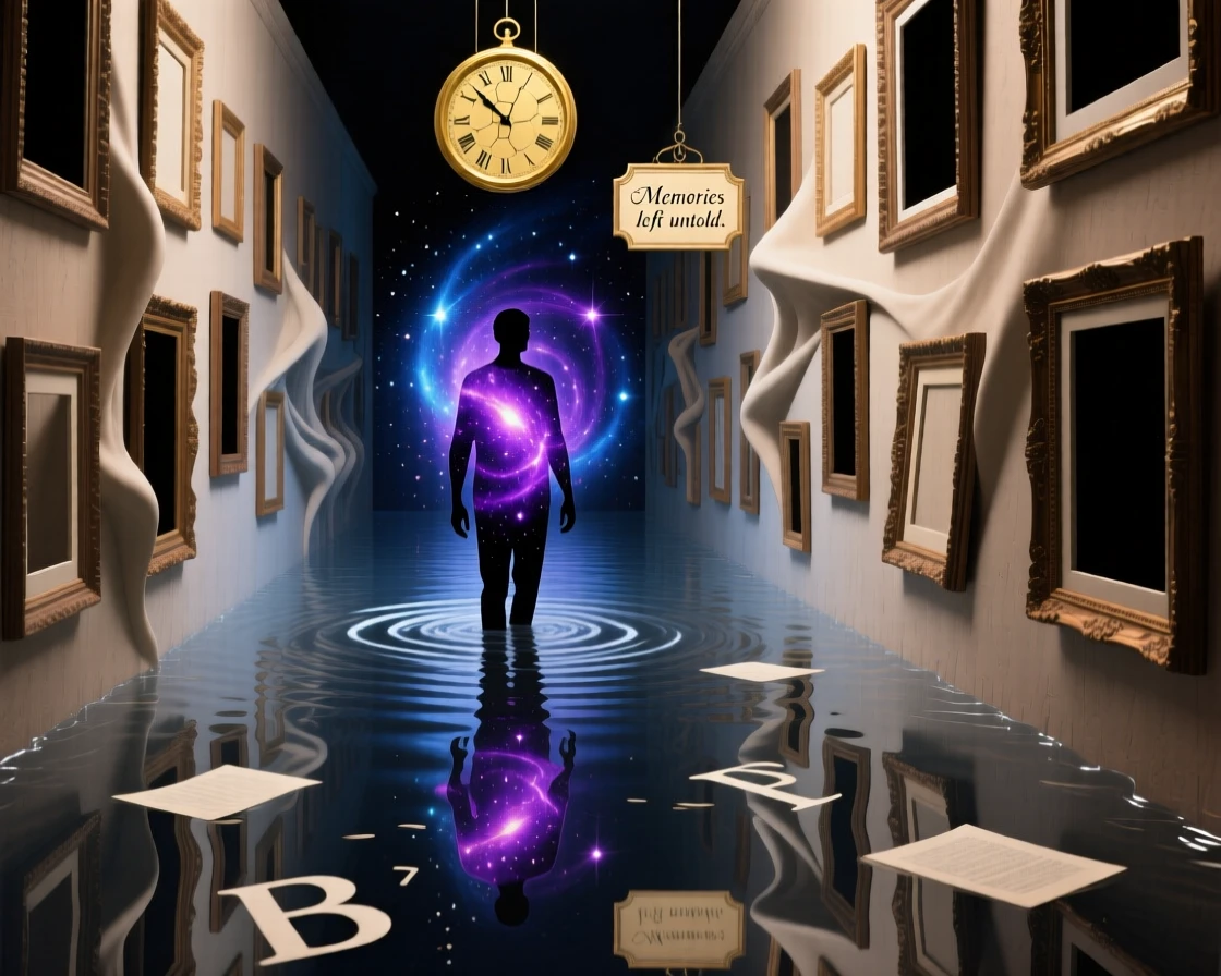 A man whose silhouette is filled with a swirling galaxy drifts through a corridor lined with empty picture frames, as the ground beneath them slowly turns to still water.