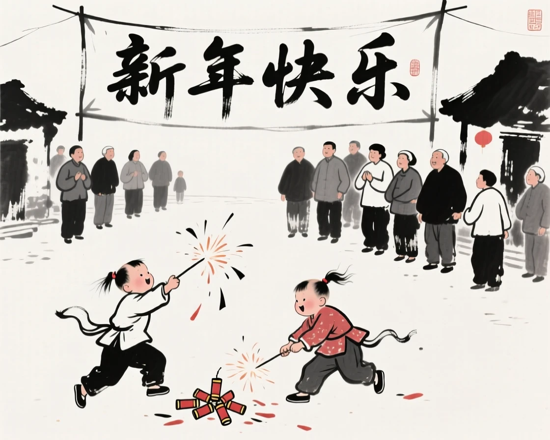 Children set off firecrackers in a village square during New Year celebrations, as neighbors gather to watch the celebration unfold.