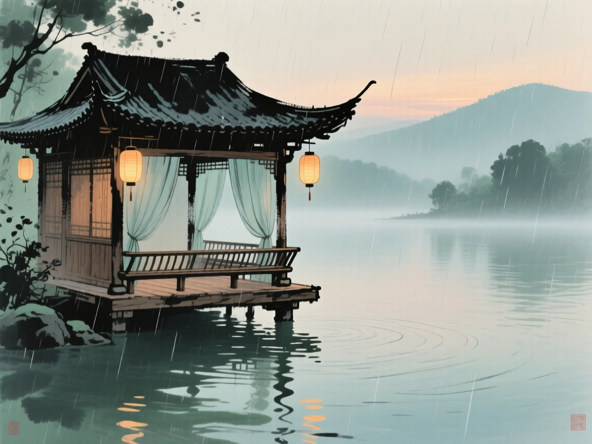 A wooden pavilion overlooking a tranquil lake, as lanterns are lit for the evening, through a curtain of fine rain.
