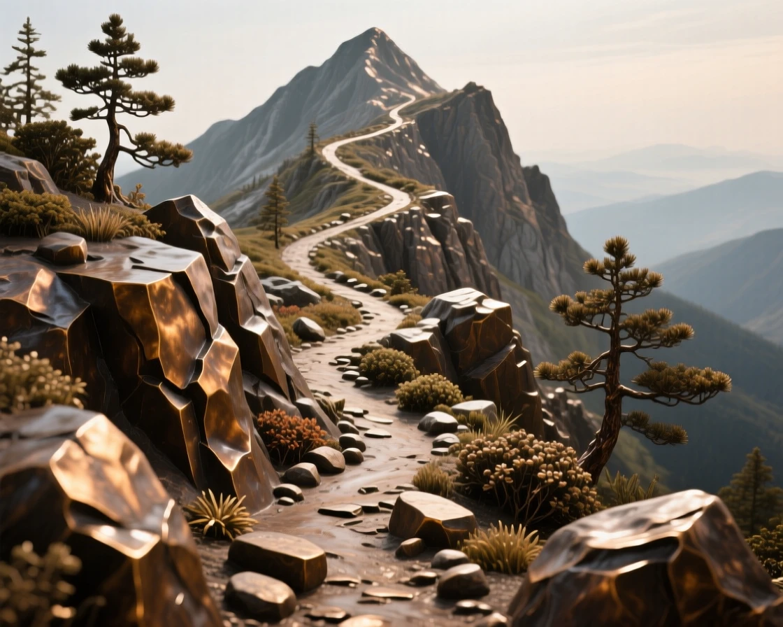 A rugged mountain trail winding toward a distant summit, rendered in vivid, atmospheric detail, offering a breathtaking sense of place