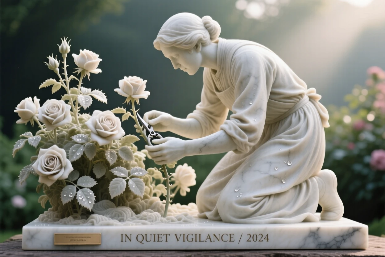 A beautifully composed image of a gardener tending roses in early morning light, in a moment of quiet stillness, full of atmosphere and visual storytelling