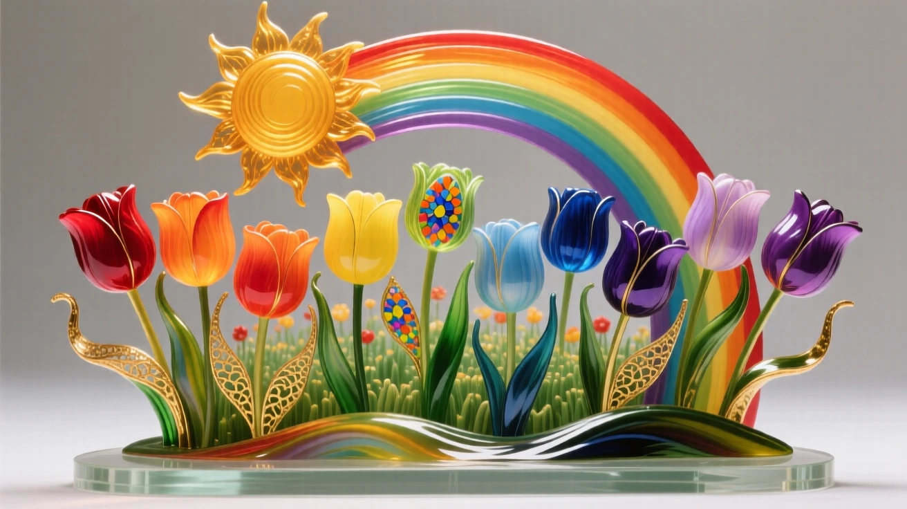 A field of blooming tulips arranged like a rainbow beneath a rising midsummer sun, cheerful and vivid.