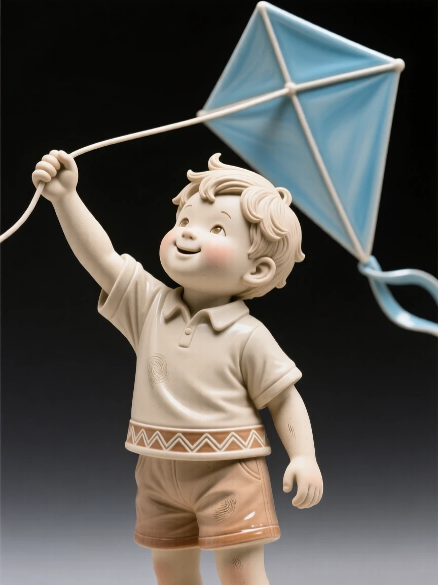 A little boy flying a kite with pure delight caught in an intimate, unguarded moment, adorned with simple, elegant ornamentation, conveying quiet dignity and timeless beauty.