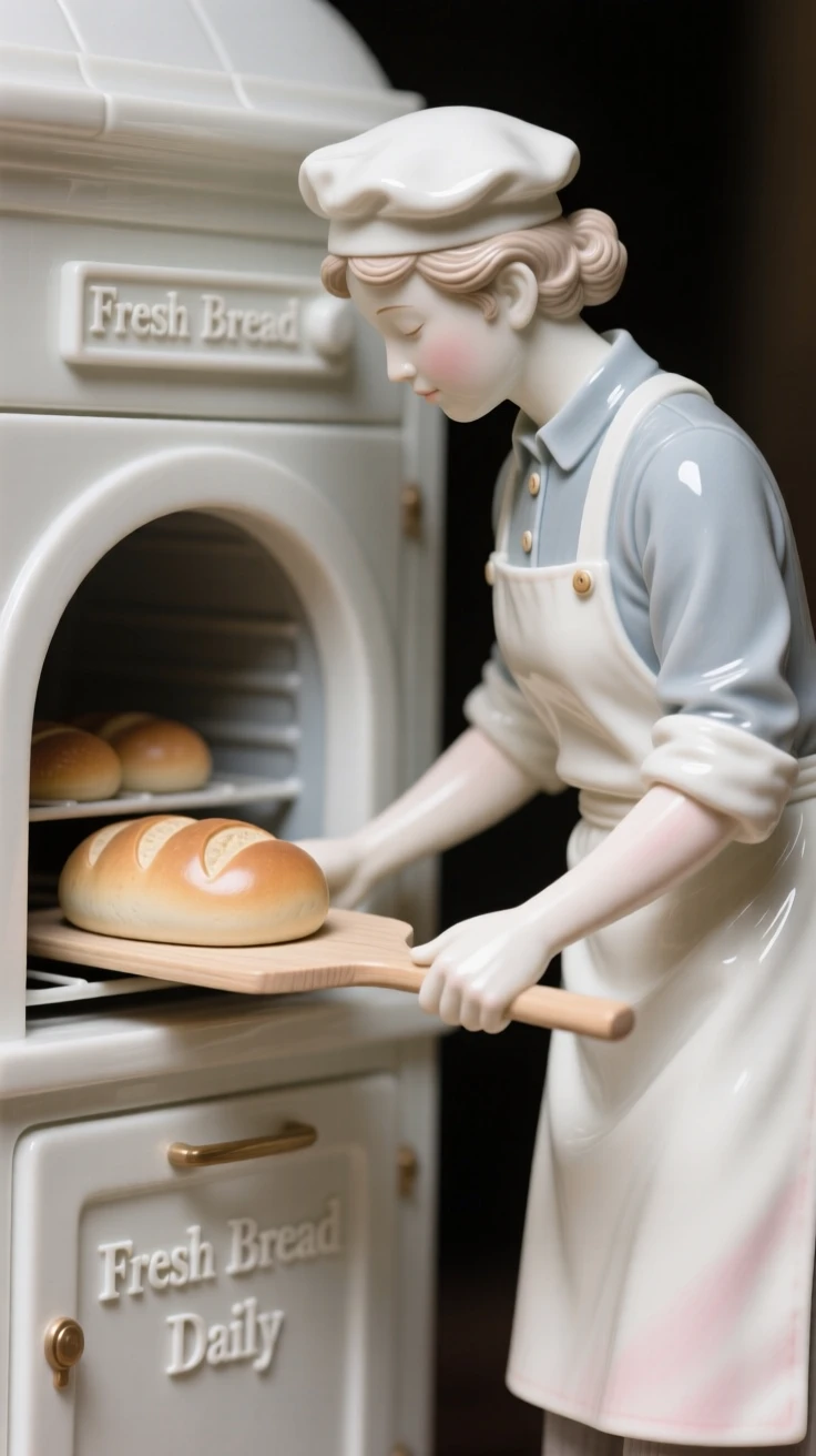 An everyday moment of quiet beauty: a baker pulling fresh bread from the oven, quiet, warm, and full of gentle charm.