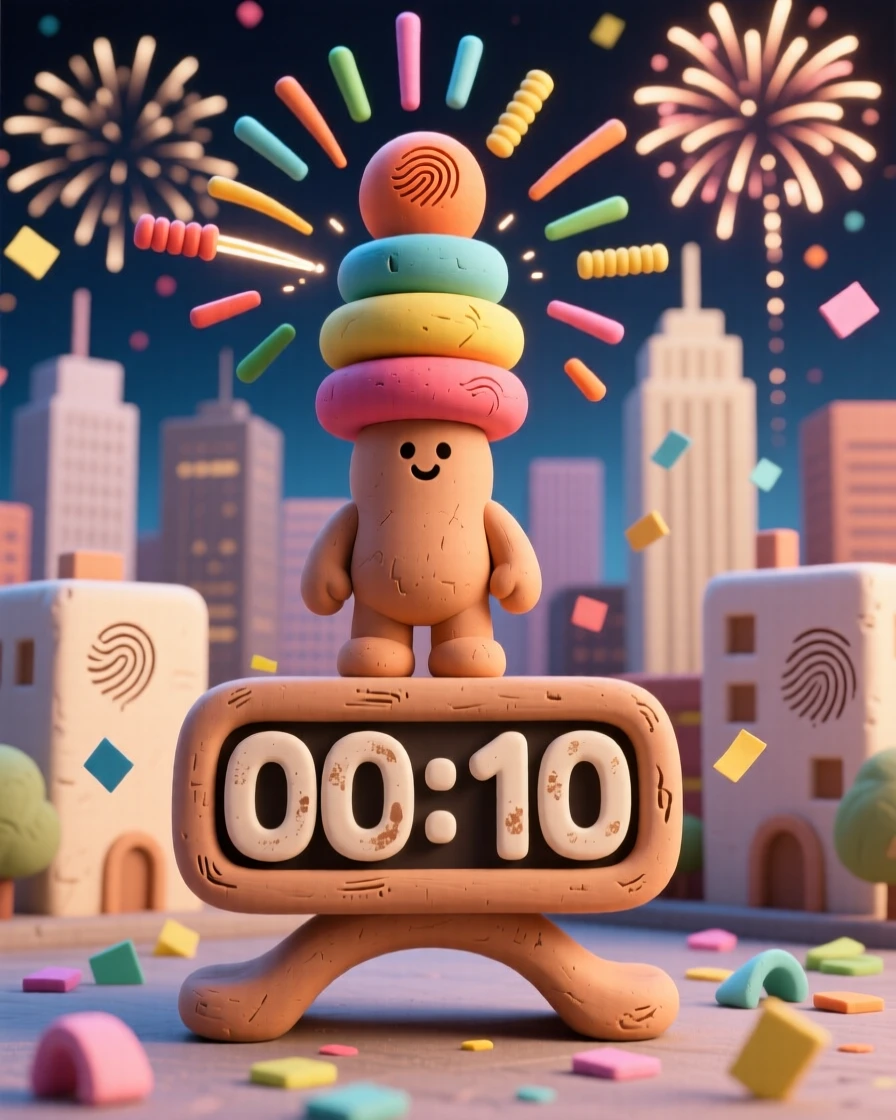 A New Year's Eve countdown with fireworks over a city skyline