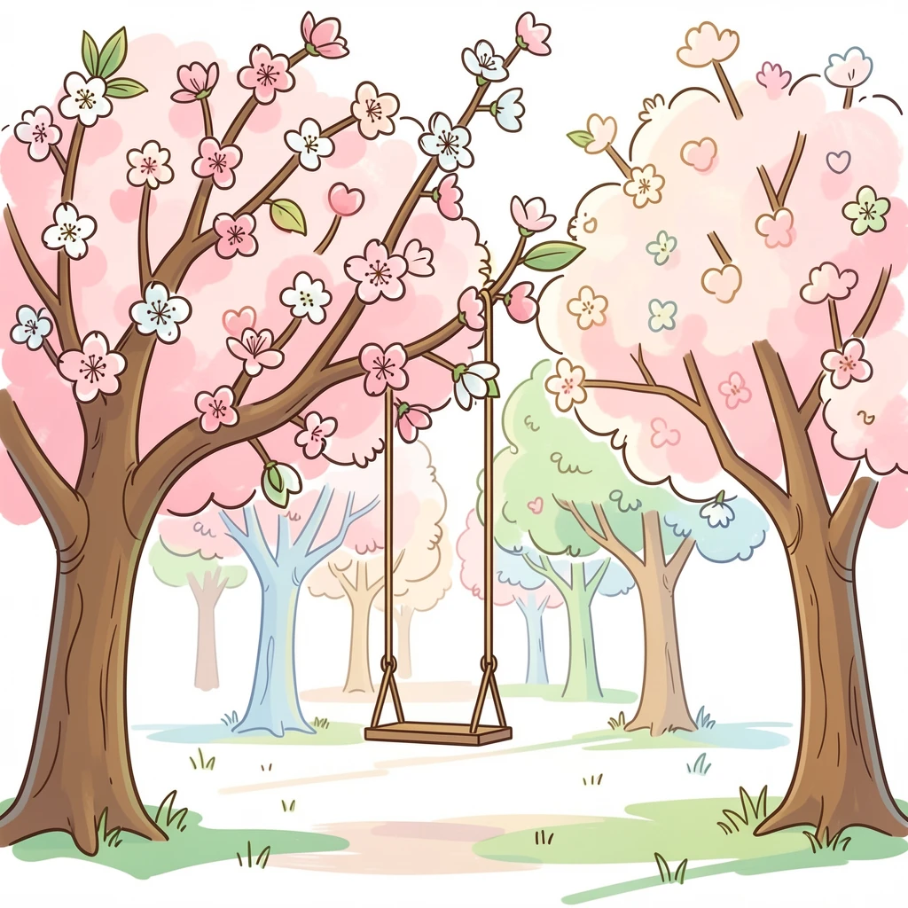 A springtime cherry orchard in full bloom with a wooden swing hanging from a branch.