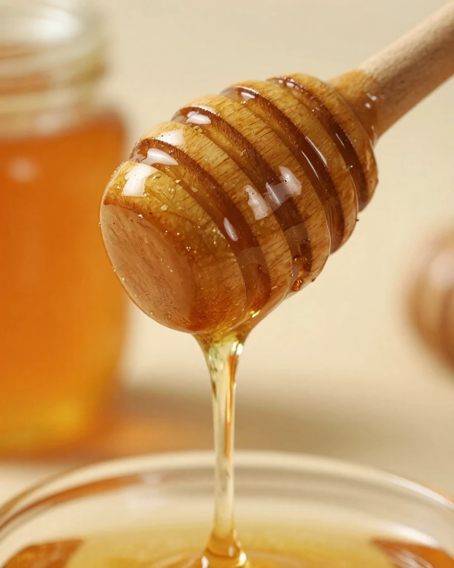 A close-up of honey dripping slowly from a wooden dipper