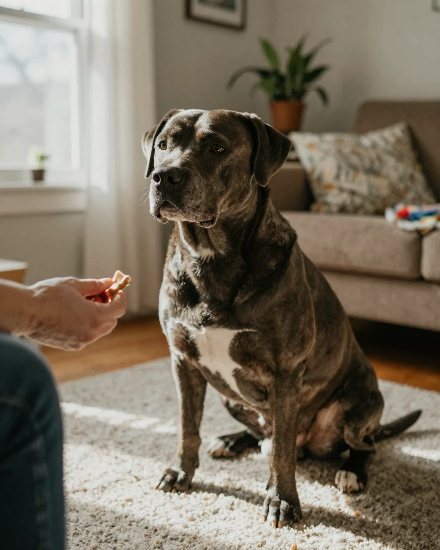 A dog balances a treat on its nose, waiting patiently for the command to eat it.