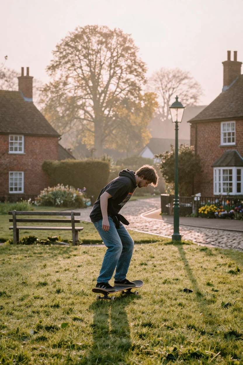 A skateboarder training at dawn before the world wakes on a quiet village green