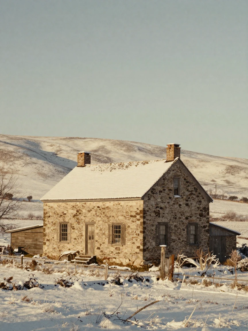 An old stone farmhouse nestled among rolling countryside hills, under harsh midday sun, in still, windless air, under the first snow of winter, in warm honey and cream tones, from a three-quarter angle.