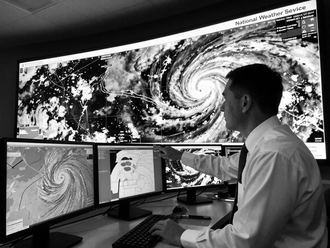 A meteorologist tracks a storm system on radar before a wall of monitors.