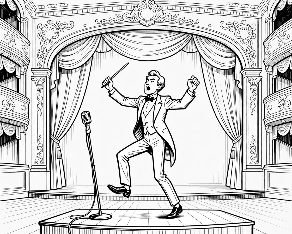 A conductor waving his baton with theatrical intensity, stomping out a fierce, rapid-fire rhythm, set on an ornate opera house stage. A worn microphone stand tilts slightly from the energy. It captures the pure ecstasy of a performance in full swing.