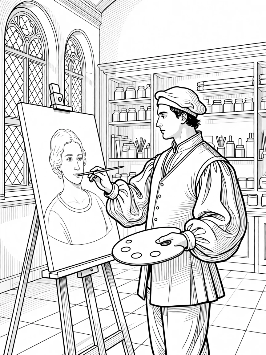 A Renaissance-era painter working in a grand studio