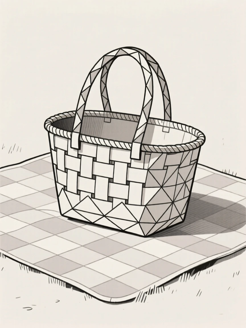 A woven straw basket bag on a summer picnic blanket