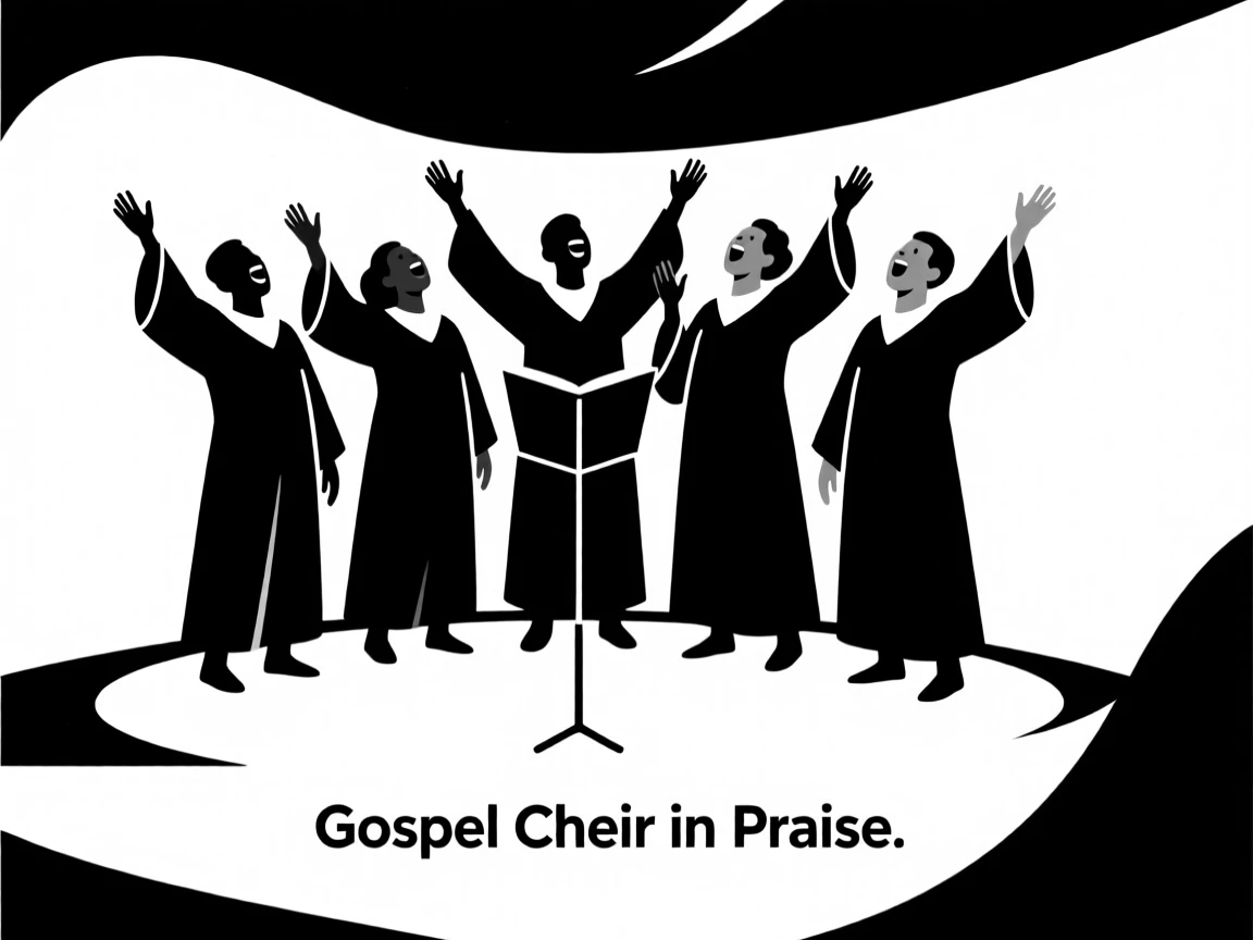 A gospel choir singing with raised hands.